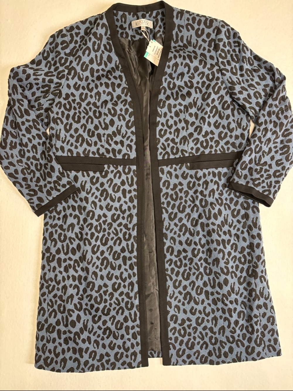 Kasper Blue Heron Leopard Print Open-Front Coatigan with Black Trim NWT size 16P